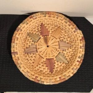 Vintage Colorful Shallow Woven Rattan Tray Basket Boho Farmhouse